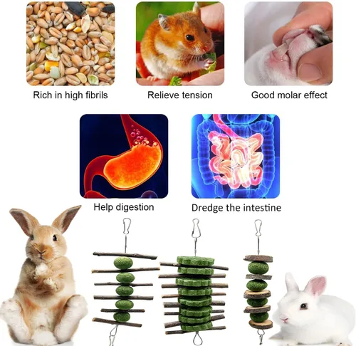 Vista 5 de BallHull 3 piezas de juguetes masticables para moler dientes de conejo, ramas de manzana, palitos de masticar con bola de hierba y pastel de hierba