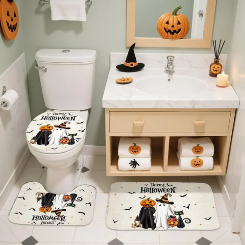 Vista 4 de Mocsicka Juego de cortinas de ducha de Halloween para baño, 4 piezas, fantasma, gato, calabaza, juegos de baño con alfombras antideslizantes