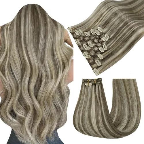 Vista 15 de Easyouth Extensiones de cabello rubio con clip, extensiones de cabello humano con clip, color rubio blanco, 7 unidades de 3.33 oz, extensiones