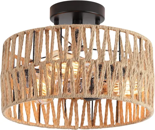 Vista 13 de Accesorio de Lámpara de Techo Empotrada Tejida en Oro Antiguo Costero, Luz de Techo Semi Empotrada Rústica Boho de Cuerda de Cáñamo Latón