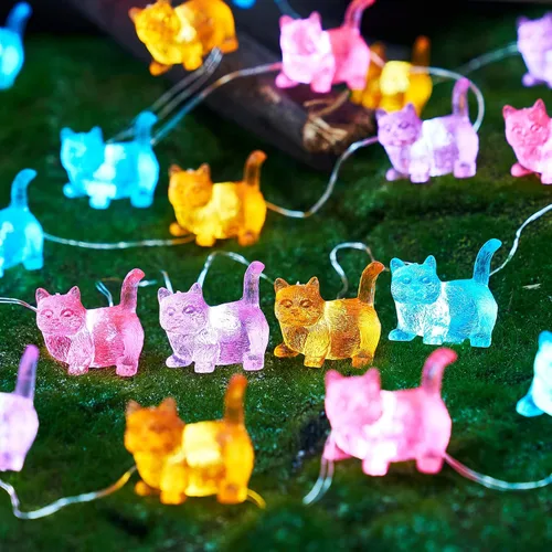 Vista 2 de Cadena de luces de gatos Kawaii Deco Kitty Fairy Luces decorativas de 10 pies 30LED, alimentadas por batería, iluminación novedosa para exteriores