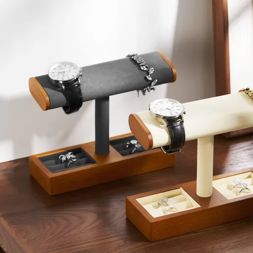 Vista 2 de Oirlv Soporte de exhibición de reloj de madera maciza Soporte de reloj con barra en T para hombres y mujeres Organizador de accesorios de joyería