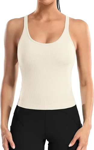 Vista 63 de ATTRACO Camiseta corta acanalada de entrenamiento para mujer con brasier integrado para yoga, espalda cruzada, ajuste ajustado
