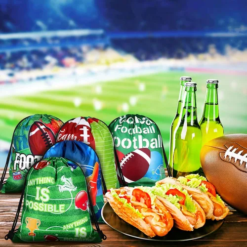 Vista 7 de Woanger 16 bolsas de fiesta de fútbol, 8 estilos con cordón, bolsas de regalo de fútbol con estampado de tela, dulces, aperitivos, mochilas