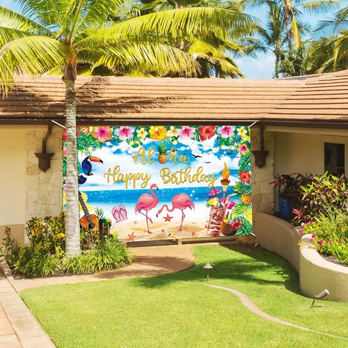 Vista 8 de Decoraciones de fiesta de cumpleaños Luau de alta calidad, pancarta Aloha con texto en inglés "Happy Birthday", grande de 72 x 44 pulgadas, diseño