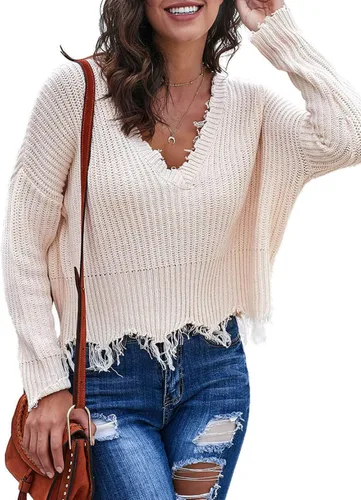 Vista 7 de Astylish Suéter corto de punto con cuello en V y rasgado, para mujer