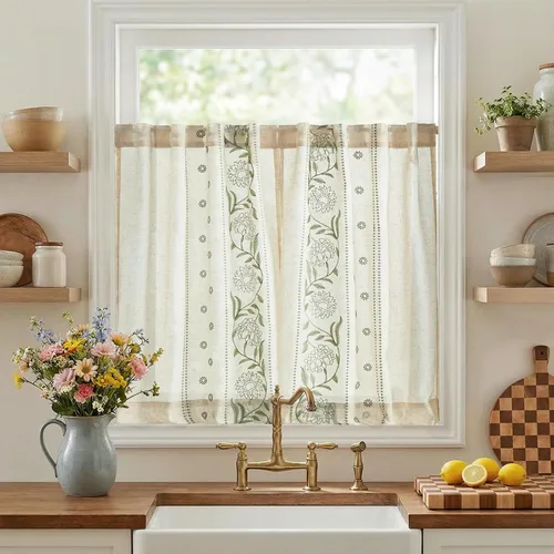 Vista 12 de jinchan Cortinas de lino floral beige para cocina, 24 pulgadas, 2 paneles A Beige