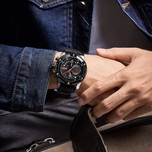 Vista 2 de MEGIR Reloj analógico de cuarzo para hombre con correa de cuero de cara grande para deportes 2130