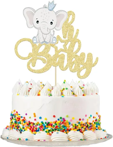 Vista 11 de Gyufise 1 pieza de decoración de pastel de bebé con purpurina dorada para baby shower, elefante para pasteles, decoración para recién nacidos