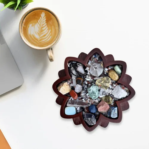 Vista 7 de Bandeja de cristal de loto de madera para piedras, muestra tus cristales y piedras curativas, soporte de cristal para exhibición de rocas, cuenco