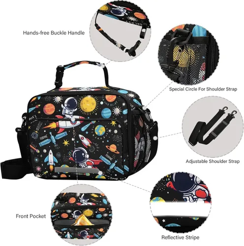 Vista 4 de MNSRUU Bolsa de almuerzo con aislamiento de astronauta espacial para mujeres, lonchera para hombre, con correa ajustable para el hombro, bolsa