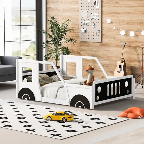 Vista 9 de Polibi Cama de plataforma, tamaño individual, cama clásica de madera en forma de automóvil con ruedas, cabecero, estribo, puertas, ventanas