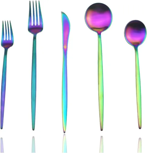 Vista 9 de JASHII 18/10 mate negro cubiertos de acero inoxidable 5 piezas Set, cuchillo tenedor ensalada tenedor postre cuchara de la cena, servicio de 1, lujo