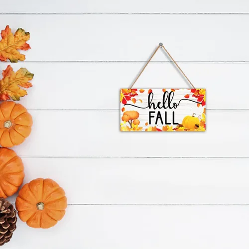 Vista 6 de Letrero decorativo con texto en inglés "Hello Fall", decoración de madera de otoño de 11.9 x 6 pulgadas, colgante de pared rústico de otoño