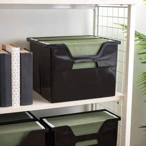 Vista 8 de IRIS USA Caja de archivos de escritorio portátil mediana con tapa abierta, paquete de 6, asas laterales, pestañas e insertos, carpetas de archivos