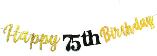 Vista 6 de Cartel de feliz cumpleaños 75 con purpurina, cartel de feliz cumpleaños 75 negro y dorado, suministros de decoración de fiesta de cumpleaños 75