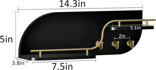 Vista 5 de Soporte para llaves de pared, organizador decorativo de llaves y correo con 3 ganchos de metal y 2 estantes, estante de llaves de madera montado