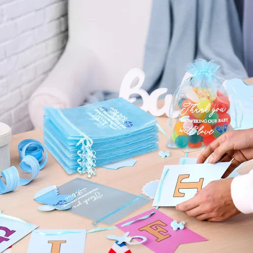 Vista 7 de Jspupifip 100 bolsas de regalo de agradecimiento para bebé, bolsas azules de 4 x 6 pulgadas, organza transparente, a granel para invitados