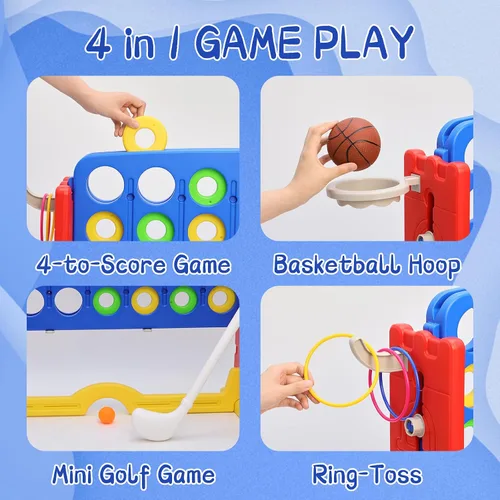 Vista 3 de Juego gigante 4 en una fila, juego de patio jumbo de ajuste de altura para niños y adultos con bolsa de captura de malla, golf, aro de baloncesto