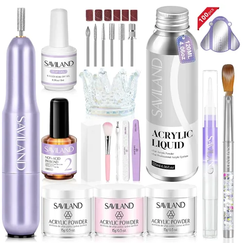 Vista 20 de Saviland Kit de iniciación de uñas acrílicas: polvo y líquido acrílico rosa claro nude, cepillo, limas, formularios, uñas a presión, juego