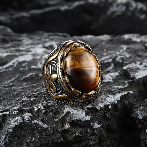 Vista 5 de LOLIAS 3 anillos de acero inoxidable con sello para hombre, anillo retro vintage con piedra de ojo de tigre, anillos de banda de nudo celta negro