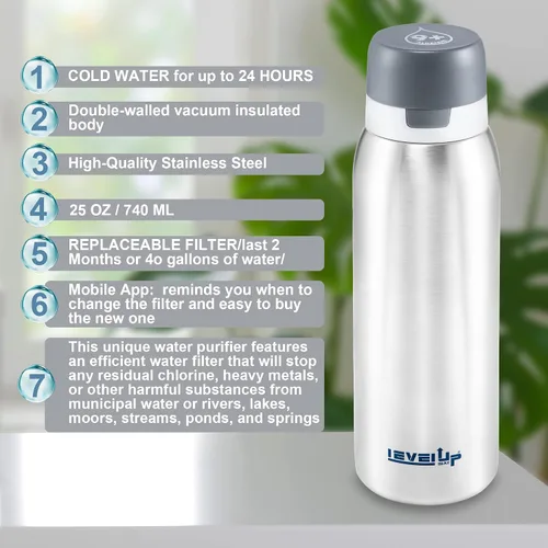 Vista 6 de Level Up Way Botella de agua de acero inoxidable de alta calidad de 25 onzas con filtro, sin BPA, esenciales de viaje, filtro de agua alcalino pH 9+