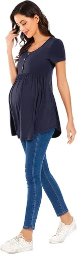 Vista 3 de POSHGLAM Camisetas de maternidad para mujer, cuello redondo, ropa de embarazo fruncida con acento de botón