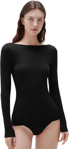 Vista 7 de SUUKSESS - Blusa de manga larga ajustada con cuello barco para mujer, de cachemira como las nubes Negro