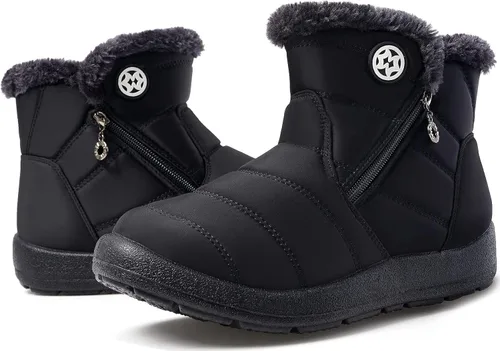 Vista 4 de Eagsouni Botas de nieve para mujer, botines de invierno para mujer, con forro de piel cálida, botines gruesos con cremallera, zapatos planos