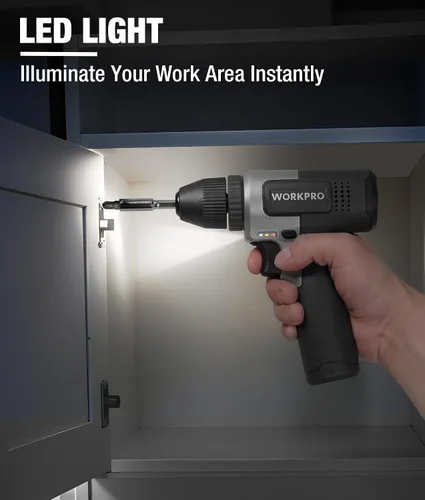 Vista 6 de WORKPRO Juego de taladro inalámbrico de 8 V, taladro eléctrico de 2 Ah con portabrocas sin llave de 3/8 pulgadas, 15 puntas, carga tipo C, LED