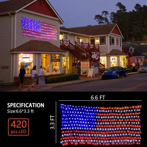 Vista 4 de Luces de red de bandera estadounidense, decoraciones del 4 de julio, 420 luces LED de bandera de Estados Unidos, adorno patriótico impermeable