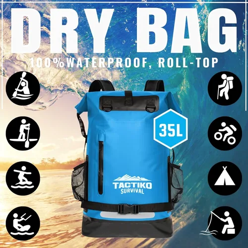 Vista 2 de TACTIKO Mochila resistente 100% impermeable, bolsas secas enrollables para kayak, senderismo, campamento, supervivencia