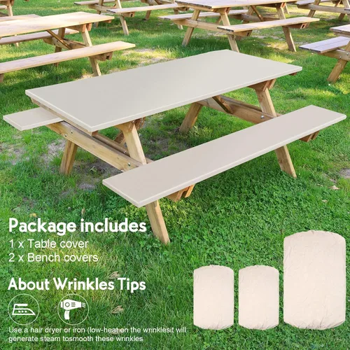 Vista 6 de Funda de mantel ajustable de 3 piezas para mesa de pícnic y bancos, para mesa de 6 pies, 30 x 72 pulgadas, vinilo con bordes elásticos ajustables