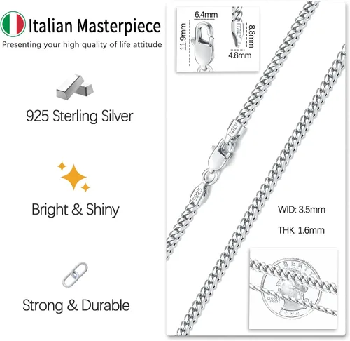 Vista 3 de 18k Gold Plated 925 Sterling Silver Chain Necklace for Men Women, 3.5mm, 4mm, 5mm Diamond Cut Cuban Link Chain, Sturdy & Shiny & Not Easy to Fade &