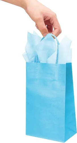 Vista 6 de DjinnGlory Paquete de 24 pequeñas bolsas de regalo de papel azul con asas de 9 x 5.5 x 3.15 pulgadas y 24 papel de regalo de seda para negocios