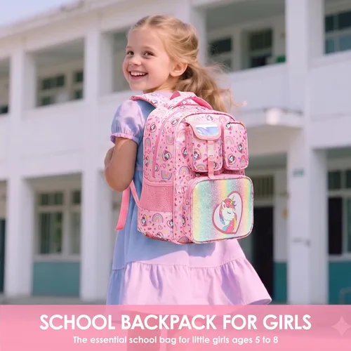 Vista 9 de Mochila para niñas de 5 a 8 años para jardín de infantes y escuela primaria Rosa