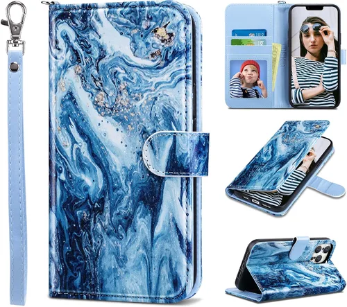 Vista 40 de ULAK Compatible con iPhone 13 Funda tipo cartera para mujer, funda tipo billetera de piel PU con tarjetero y función de caballete, funda protectora