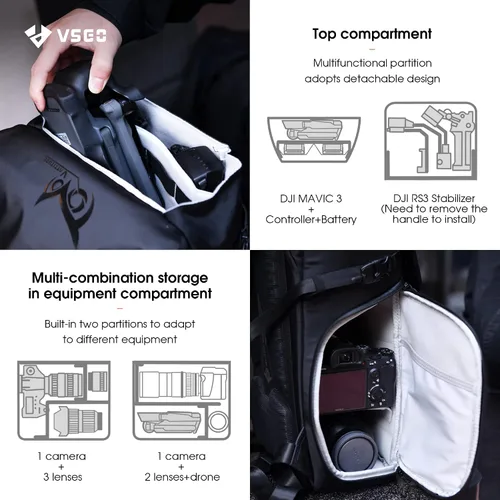 Vista 8 de VSGO Mochila negra para cámara Snipe de 16 litros, ligera, 2.4 lbs, bolsa de fotografía profesional DSLR/SLR para Sony, Canon, cámaras Nikon