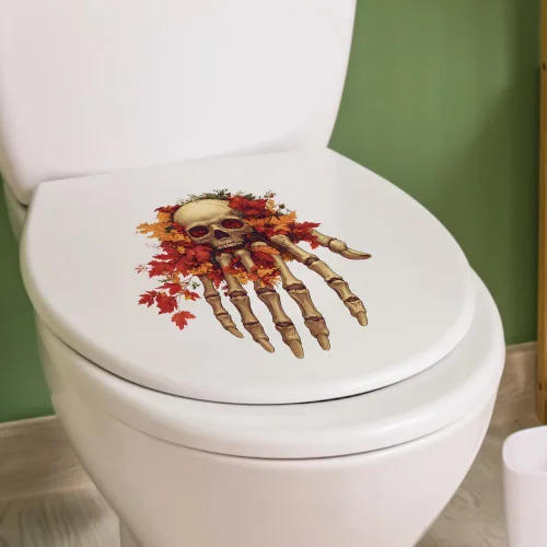 Vista 4 de Calavera de Halloween con calcomanías de arce autoadhesivas para inodoro, baño, pared, decoración del hogar, extraíble, sin residuos, 2
