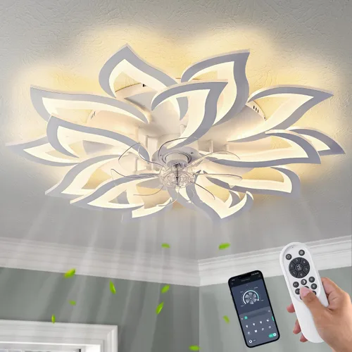 Vista 23 de Ventilador de techo de perfil bajo con control remoto y aplicación, motor silencioso y luz LED regulable, ventilador de techo de montaje empotrado