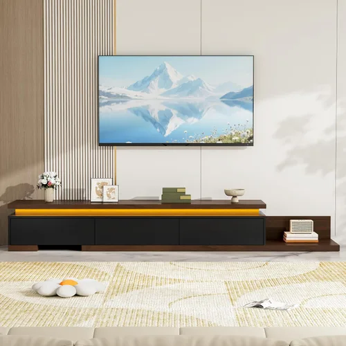 Vista 8 de Soporte de TV extensible con luces LED (80 a 106 pulgadas), consola de TV moderna con 3 cajones, centro de entretenimiento reversible de madera