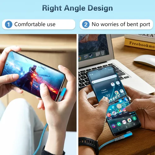 Vista 2 de Paquete de 5 cables USB C a USB C de 10 pies en ángulo recto USB C extra largo de 60 W/3A tipo C a tipo C, cable de carga rápida compatible