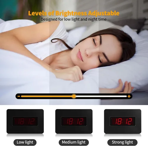 Vista 6 de Reloj de pared digital con batería con pantalla LED, reloj de pared con retroiluminación, mesa, alarma, brillo ajustable, 12/24 horas