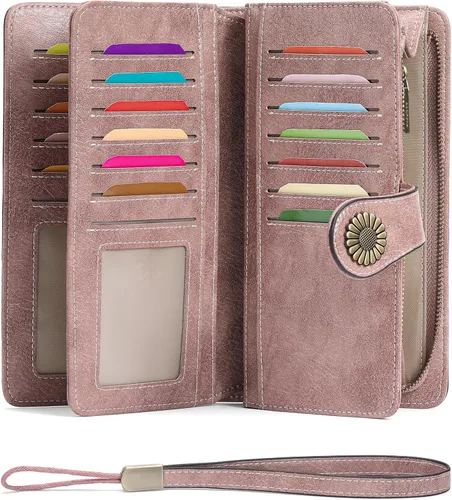 Vista 18 de SENDEFN Billeteras de cuero para mujer, tarjetero de crédito con bloqueo RFID, pulsera de gran capacidad with RFID Blocking, Large Capacity