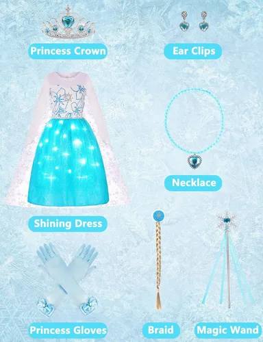 Vista 2 de IBQ Disfraz de Elsa de Frozen para niñas, ropa de princesa iluminada, para fiesta de cumpleaños, cosplay, con accesorios