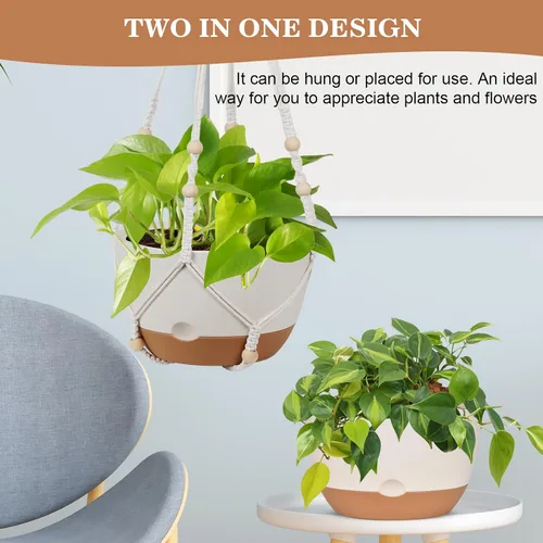Vista 6 de Paquete de 3 macetas colgantes para plantas de interior, maceta colgante de riego automático de 10 + 10 + 8 pulgadas, colgador de plantas de macramé