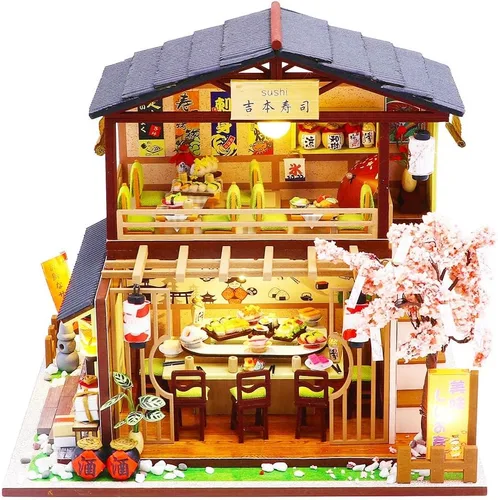 Vista 2 de Roroom Kit de casa de muñecas en miniatura y muebles, mini casa de muñecas de madera 3D, modelo artesanal estilo japonés con cubierta antipolvo