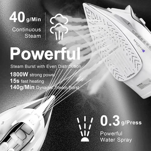 Vista 3 de Martisan Plancha de vapor para ropa, 1800 W, suela de nano cerámica, ráfaga de vapor dinámica, termostato preciso para todas las telas, apagado