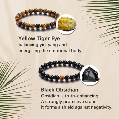 Vista 5 de Jovivi 2 pulseras elásticas de piedra curativa de obsidiana negra y ojo de tigre de 0.315 pulgadas, hechas a mano, piedras preciosas redondas