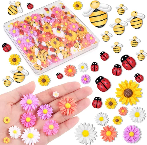 Vista 8 de 200 piezas de resina mini decoración de girasol de abeja margarita adorno de abejas, abalorios de abejas, cuentas epoxi de mariquitas, manualidades
